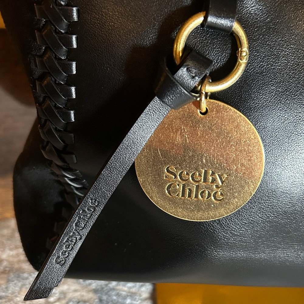 304. See By Chloe Black Leather & suede with removable Gold Charm w/coa - Picture 3 of 16